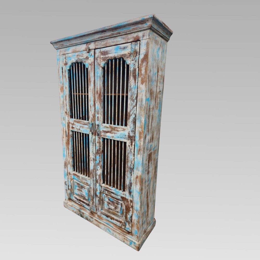 A tall reclaimed teak cupboard featuring two double doors with upper vertical metal slats and a distressed blue and raw timber finish.