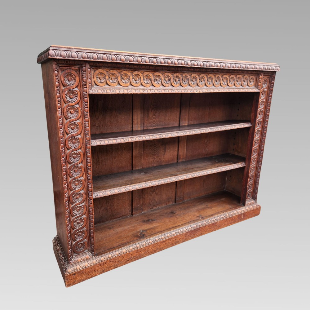 Stunning Rare Antique Victorian Hand Carved Oak English Tudor Rose Open Bookcase View II