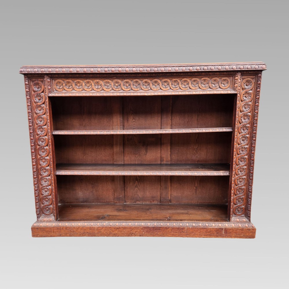 Stunning Rare Antique Victorian Hand Carved Oak English Tudor Rose Open Bookcase
