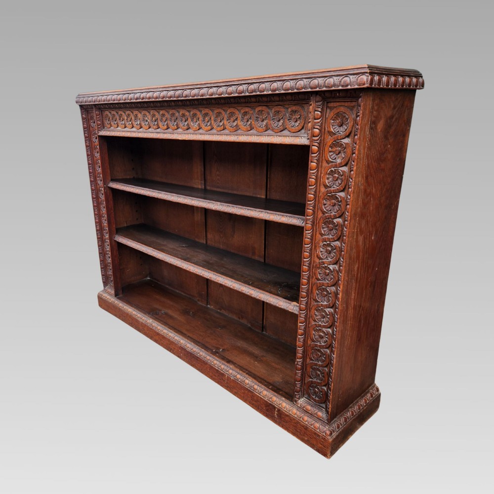 Stunning Rare Antique Victorian Hand Carved Oak English Tudor Rose Open Bookcase View III