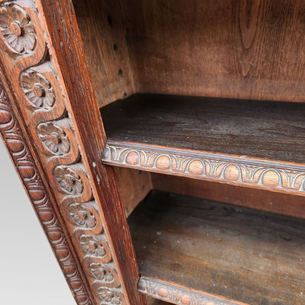 Stunning Rare Antique Victorian Hand Carved Oak English Tudor Rose Open Bookcase View VIII