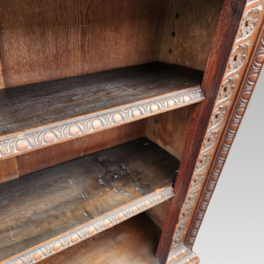 Stunning Rare Antique Victorian Hand Carved Oak English Tudor Rose Open Bookcase View IX