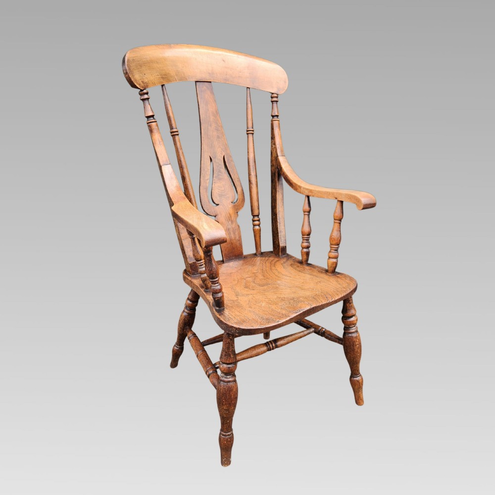 Charming Victorian English Elm Windsor Spindle & Lyre Back Farmhouse Arm Chair