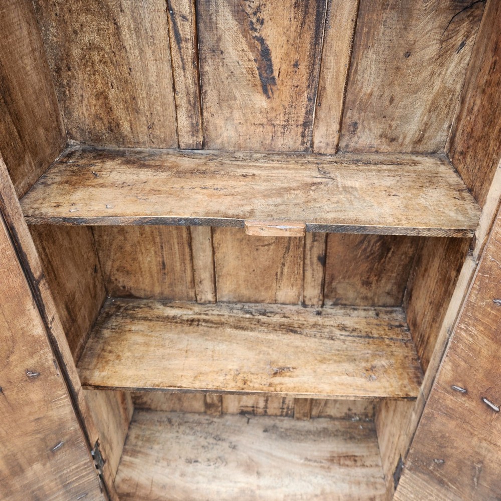 A tall antique Indian cupboard constructed from warm brown reclaimed teak wood with carved frame borders, panelled doors, and rustic iron ring handles. View VII