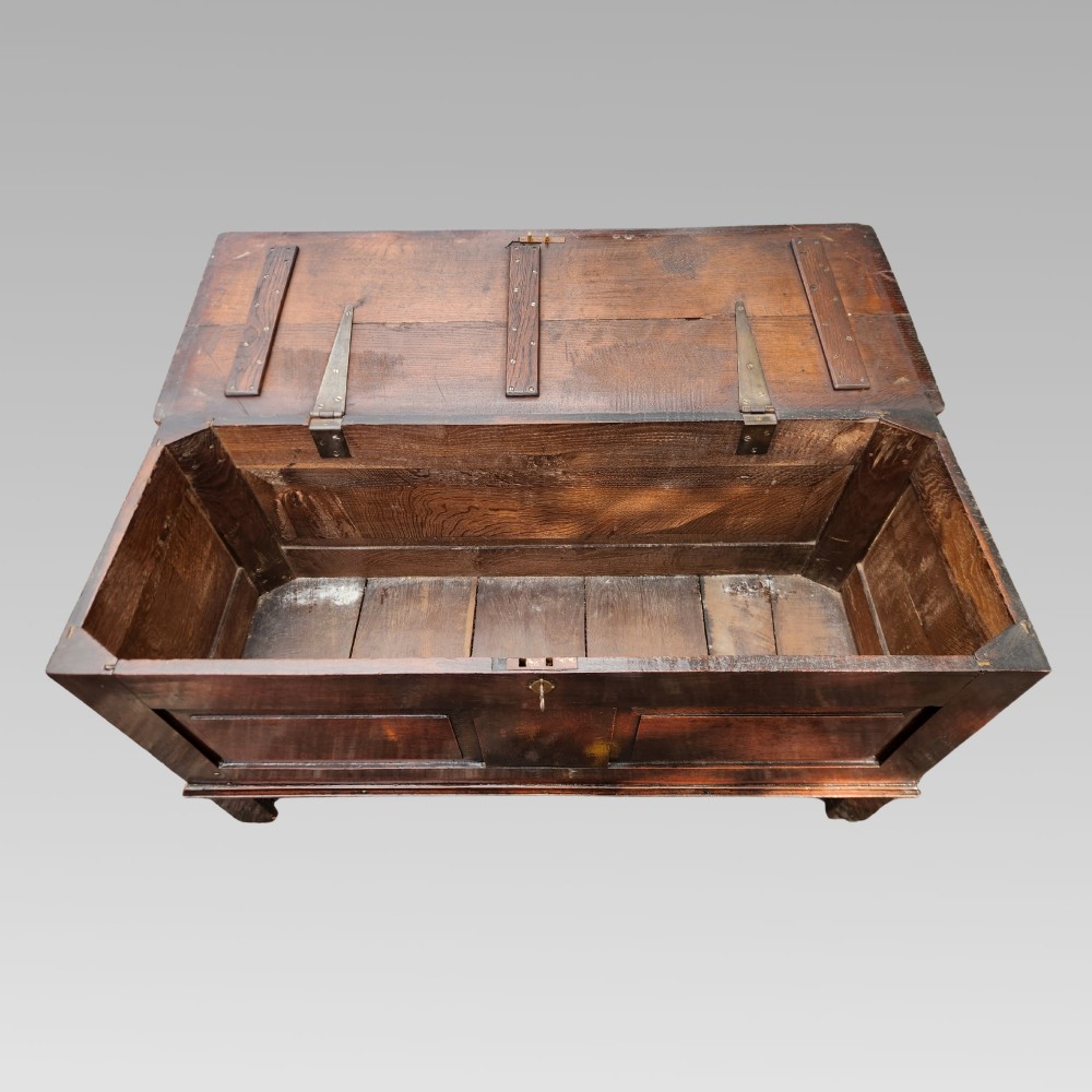 A 19th-century dark oak storage coffer featuring a hinged flat lid, panelled front construction, and a central brass keyhole escutcheon. View IV