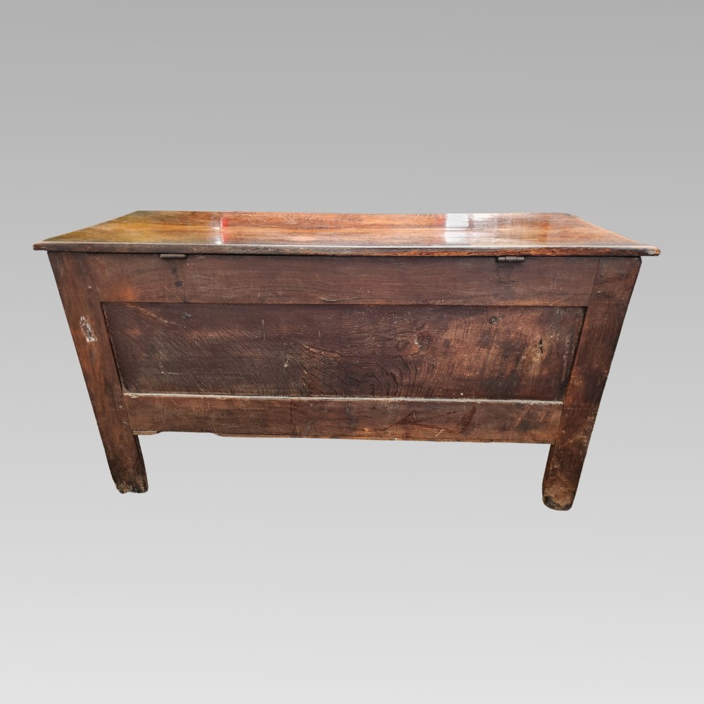 A 19th-century dark oak storage coffer featuring a hinged flat lid, panelled front construction, and a central brass keyhole escutcheon. View VII