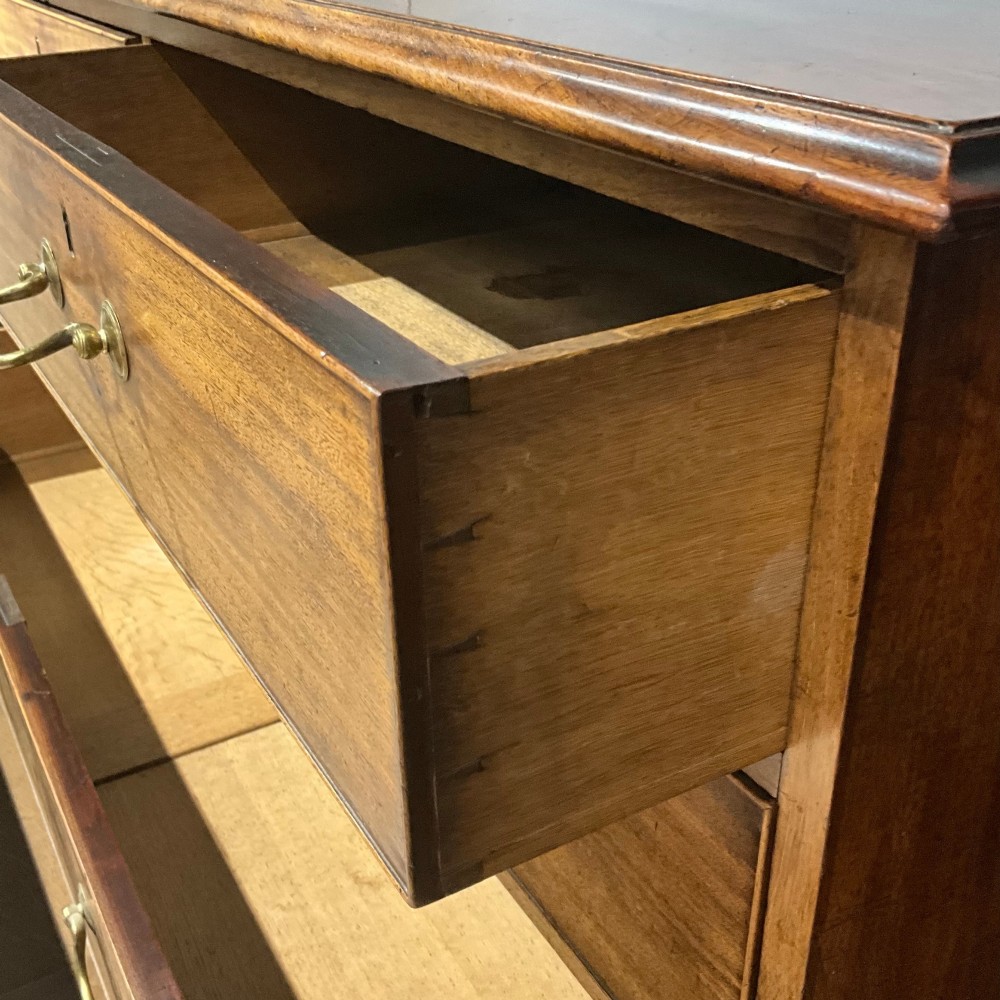A Georgian mahogany chest of drawers with a two-over-three drawer configuration, brass swan-neck handles, and bracket feet. View III
