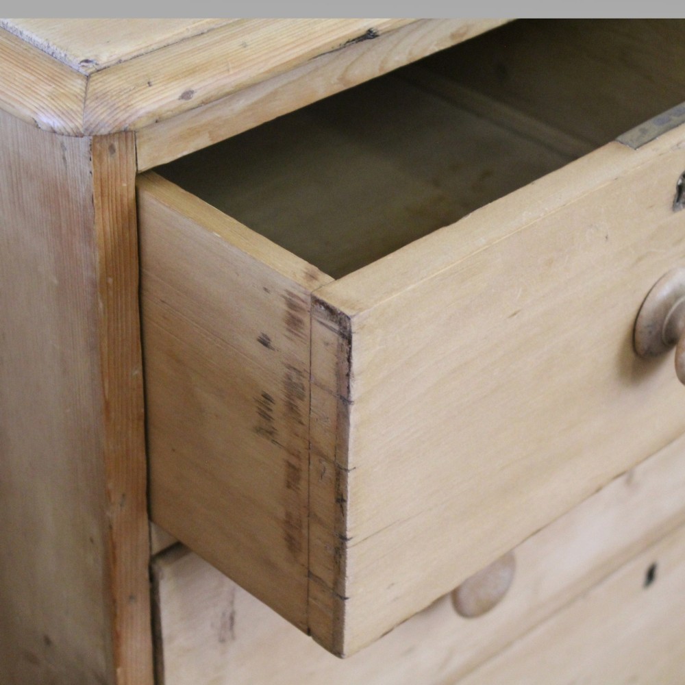 A Victorian pine chest of drawers featuring two short drawers over two long drawers with turned wooden knobs and a solid plinth base. View III