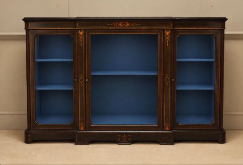 A Victorian Ebonised Inlaid and Gilt Breakfront Bookcase Display Cabinet