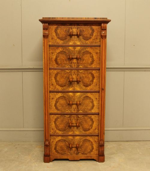 Fine 19th Century Tall Swedish Burr Walnut Wellington Chest of Drawers
