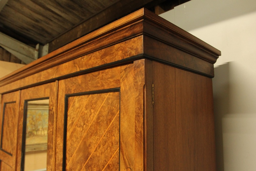 A VICTORIAN BURR WALNUT WARDROBE TRIPLE MIRRORED COMPACTUM. View X