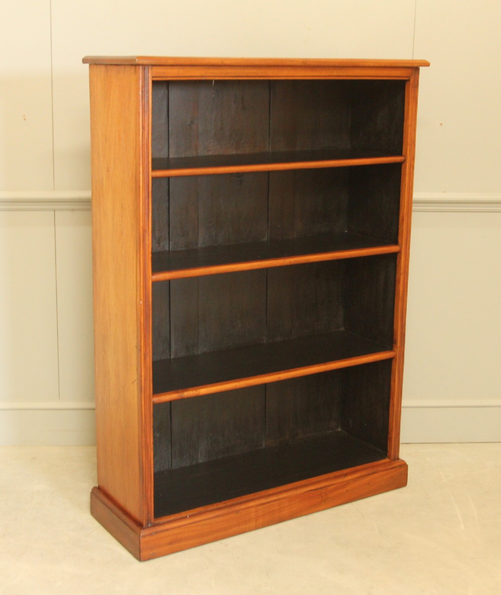 A tall open-front mahogany bookcase featuring four wide shelves, a moulded top cornice, dark backboards, and a solid plinth base. View III