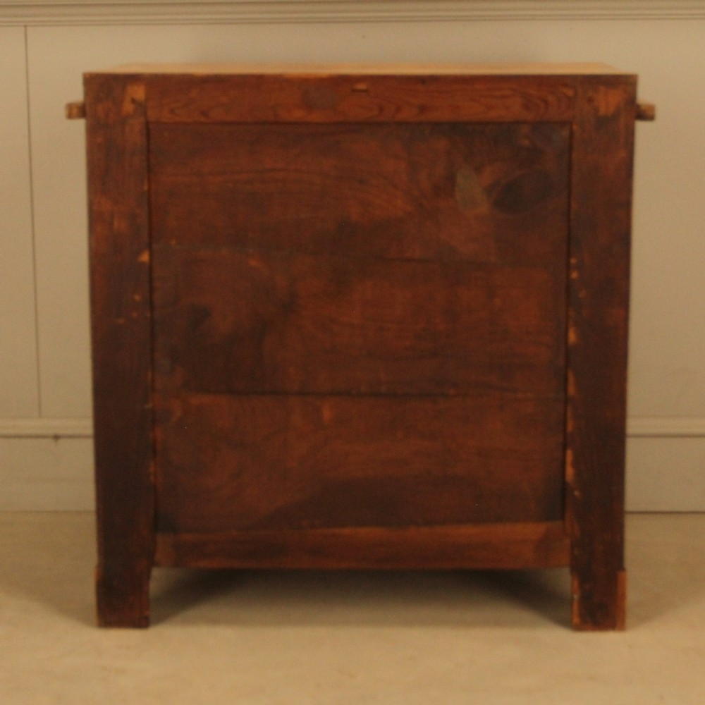 A 19th-century Swedish satin birch chest of drawers featuring three drawers with brass ring pull handles and a visible flame wood grain pattern. View X