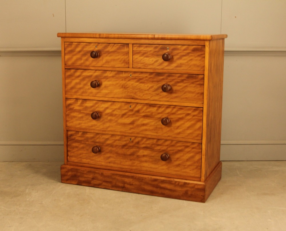 A Victorian stained birch chest of drawers featuring a two short over three long drawer configuration with turned wooden knobs and a solid plinth base. View III