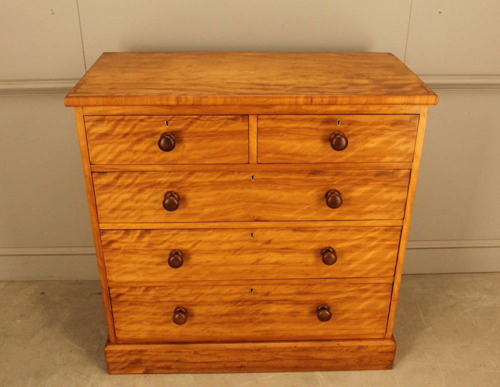 A Victorian stained birch chest of drawers featuring a two short over three long drawer configuration with turned wooden knobs and a solid plinth base. View VII