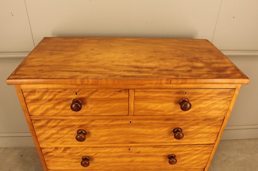 A Victorian stained birch chest of drawers featuring a two short over three long drawer configuration with turned wooden knobs and a solid plinth base. View IX