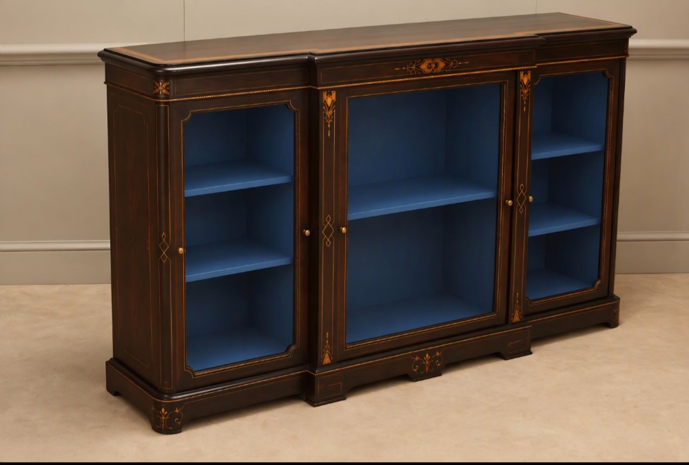 A Victorian ebonised wood breakfront display cabinet featuring three glazed doors, gold inlay detail, and a blue painted interior. View VII
