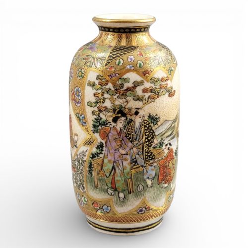 Exquisite Meiji Satsuma Vase with Family Scene and Tea Utensils, Fine Raised Gold Detailing