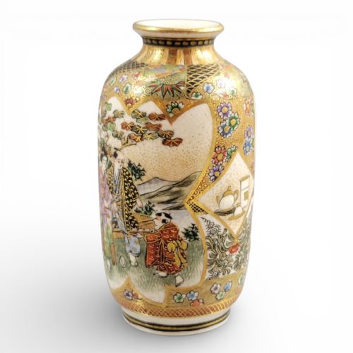 fig 1. Exquisite Meiji Satsuma Vase with Family Scene and Tea Utensils, Fine Raised Gold Detailing