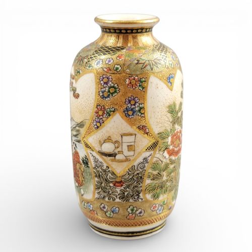 fig 2. Exquisite Meiji Satsuma Vase with Family Scene and Tea Utensils, Fine Raised Gold Detailing