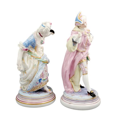 fig 4. Pair of hand-painted French Paris porcelain masquerade figures depicting a lady and gallant in pastel eighteenth-century costume on gilded circular bases.