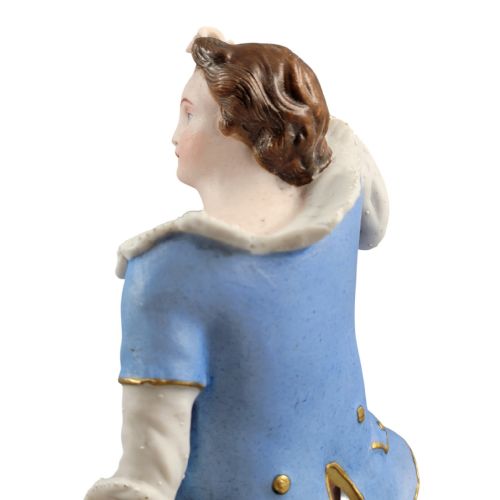 fig 1. A pair of 19th-century French porcelain figurines featuring a man and woman in 18th-century style attire on black painted bases.