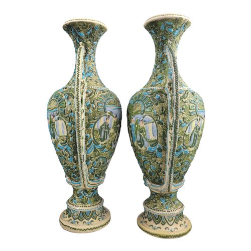 fig 1. Monumental Pair of Victorian Era Japanese Moriage Vases with High Relief Figures, 1890s