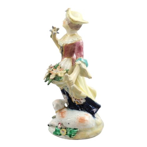 fig 1. An 18th-century Bow porcelain figurine depicting a lady in a patterned skirt and wide-brimmed hat holding flowers alongside a seated lamb.