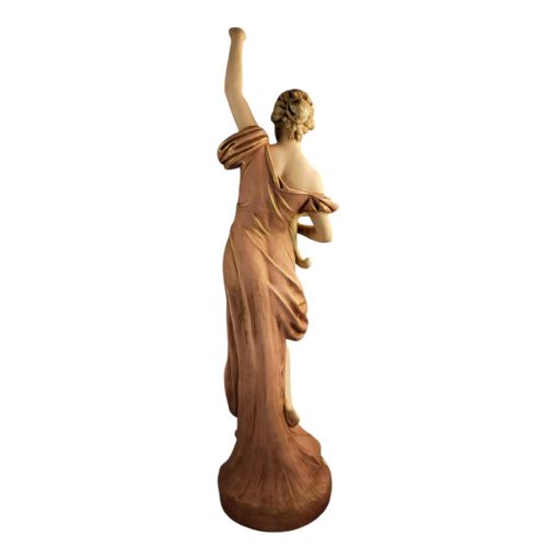 fig 4. An Art Nouveau porcelain figure depicting a maiden in flowing drapery with one arm raised aloft and holding flowers at her waist.