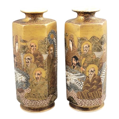 PAIR OF JAPANESE SATSUMA HEXAGONAL VASES WITH RAKAN AND DRAGON MEIJITAISHO - ADDITIONAL PHOTO 1