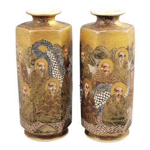 PAIR OF JAPANESE SATSUMA HEXAGONAL VASES WITH RAKAN AND DRAGON MEIJITAISHO - ADDITIONAL PHOTO 2