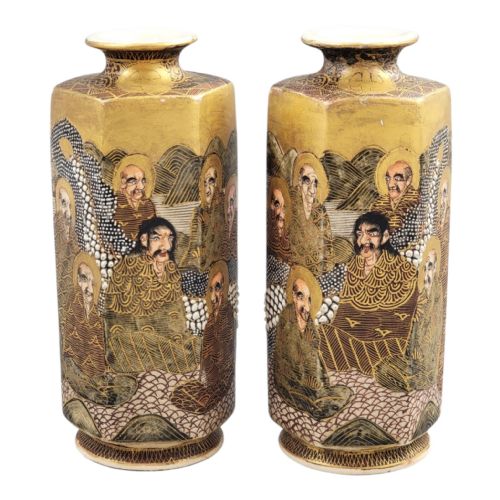 PAIR OF JAPANESE SATSUMA HEXAGONAL VASES WITH RAKAN AND DRAGON MEIJITAISHO - ADDITIONAL PHOTO 3