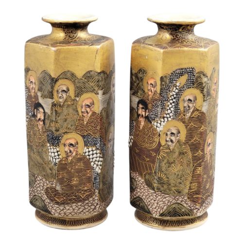 PAIR OF JAPANESE SATSUMA HEXAGONAL VASES WITH RAKAN AND DRAGON MEIJITAISHO - ADDITIONAL PHOTO 4