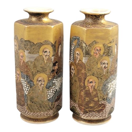 PAIR OF JAPANESE SATSUMA HEXAGONAL VASES WITH RAKAN AND DRAGON MEIJITAISHO - ADDITIONAL PHOTO 5