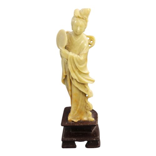 CHINESE SOAPSTONE FIGURE OF GUANYIN HOLDING A ROUND FAN C 1910 - ADDITIONAL PHOTO 1