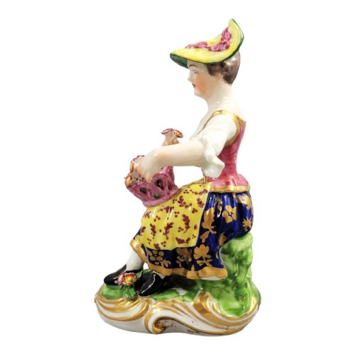 fig 2. An eighteenth-century Derby porcelain figurine depicting a seated female flower seller wearing a yellow bonnet and patterned skirt while holding a small basket of flowers.