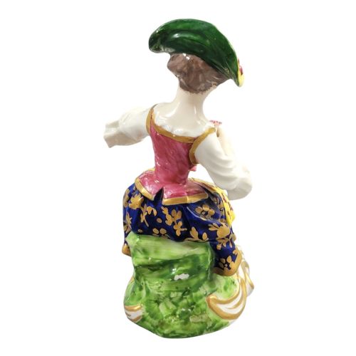 fig 4. An eighteenth-century Derby porcelain figurine depicting a seated female flower seller wearing a yellow bonnet and patterned skirt while holding a small basket of flowers.