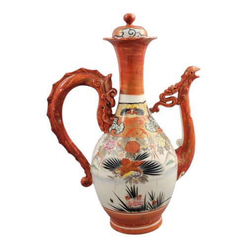 fig 3. An antique Japanese Kutani porcelain ewer featuring a moulded dragon handle, a phoenix head spout, intricate polychrome floral decoration, and iron-red and gold painted accents.