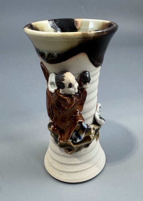Sumida Gawa Stoneware Vase with Applied Rakan Figure, Signed Ryōsai, Meiji–Taishō Period