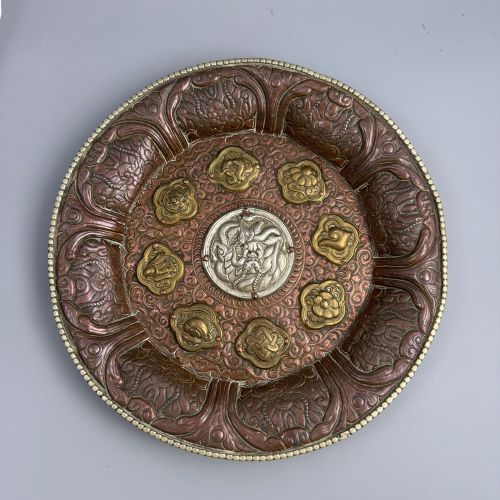 Large 19th Century Tibetan Buddhist Copper Repoussé Plaque with Silver Dragon and Ashtamangala in Brass