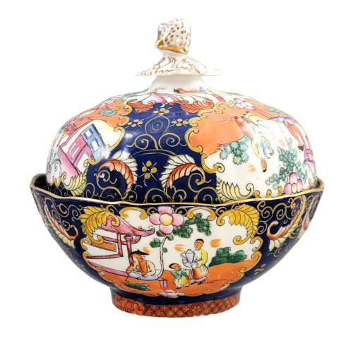 fig 4. A Regency-era Masons Patent Ironstone lidded bowl decorated with elaborate Chinoiserie motifs in cobalt blue, orange, green, and gilt detailing.