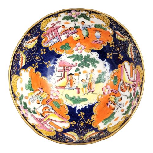fig 7. A Regency-era Masons Patent Ironstone lidded bowl decorated with elaborate Chinoiserie motifs in cobalt blue, orange, green, and gilt detailing.