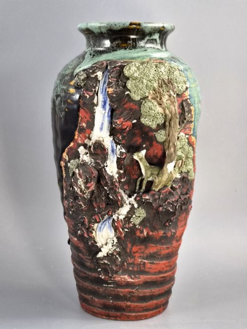 Japanese Sumida Gawa Sculptural Landscape Vase with Stag, Waterfall and Tree, Meiji–Taishō Period