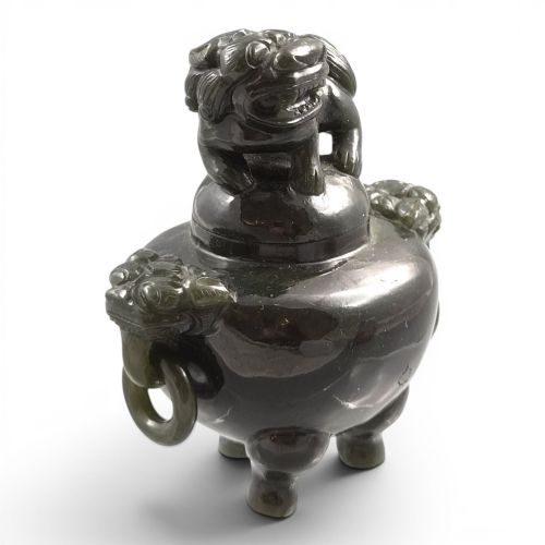 Antique Chinese Dark Green Jade Tripod Censer, Foo Dog, C. 1900–1920