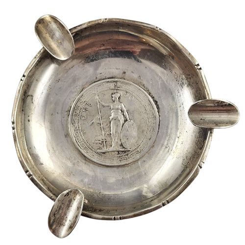 LEE YEE HING STERLING SILVER ASHTRAY WITH 1899 BRITISH TRADE DOLLAR HONG KONG C1920