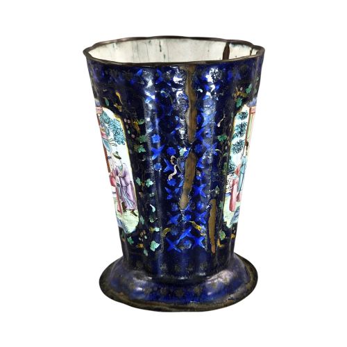 fig 1. A flared cobalt blue Canton enamel copper vessel painted with a central panel depicting Chinese figures in a courtyard setting.