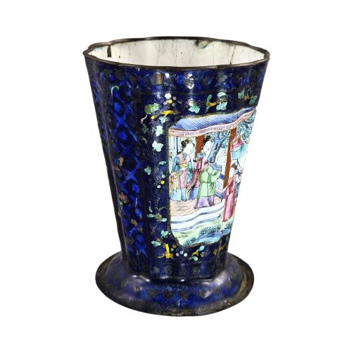 fig 4. A flared cobalt blue Canton enamel copper vessel painted with a central panel depicting Chinese figures in a courtyard setting.