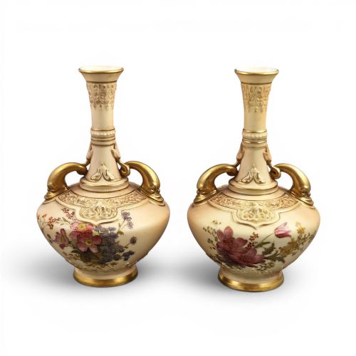 ROYAL WORCESTER PAIR OF DOLPHIN HANDLED BLUSH IVORY VASES 1902 AND 1903