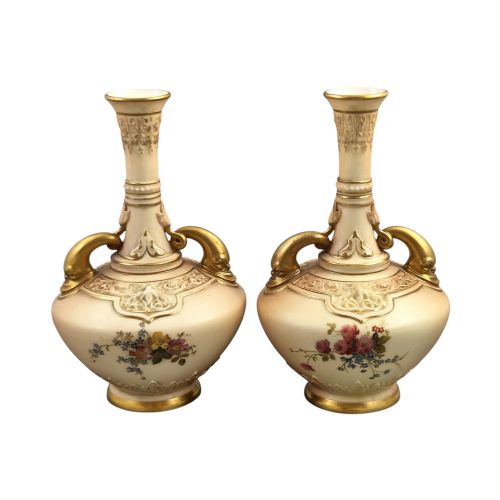 ROYAL WORCESTER PAIR OF DOLPHIN HANDLED BLUSH IVORY VASES 1902 AND 1903 - ADDITIONAL PHOTO 2