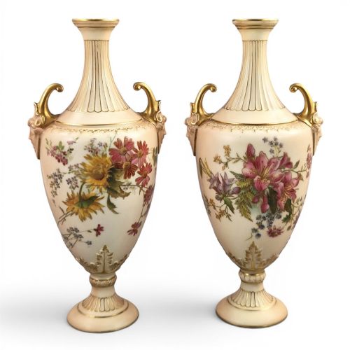 ROYAL WORCESTER PAIR OF BLUSH IVORY FLORAL VASES PATTERN 1911 1900